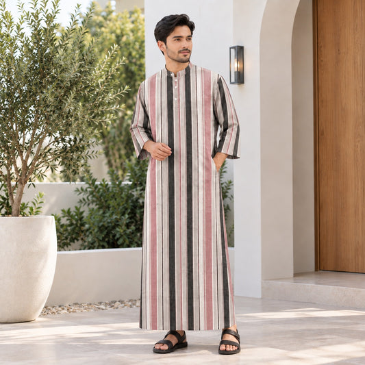PREMIUM MODERN MULTI-STRIPE PRINTED BAND COLLAR MUSLIM JUBAH