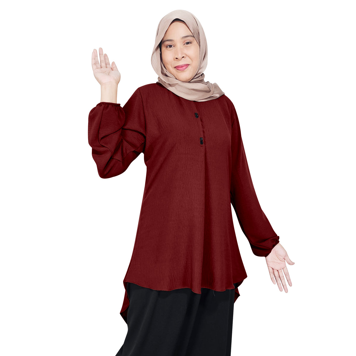 Blouse Button Pleated Tangan Panjang Wanita Muslim