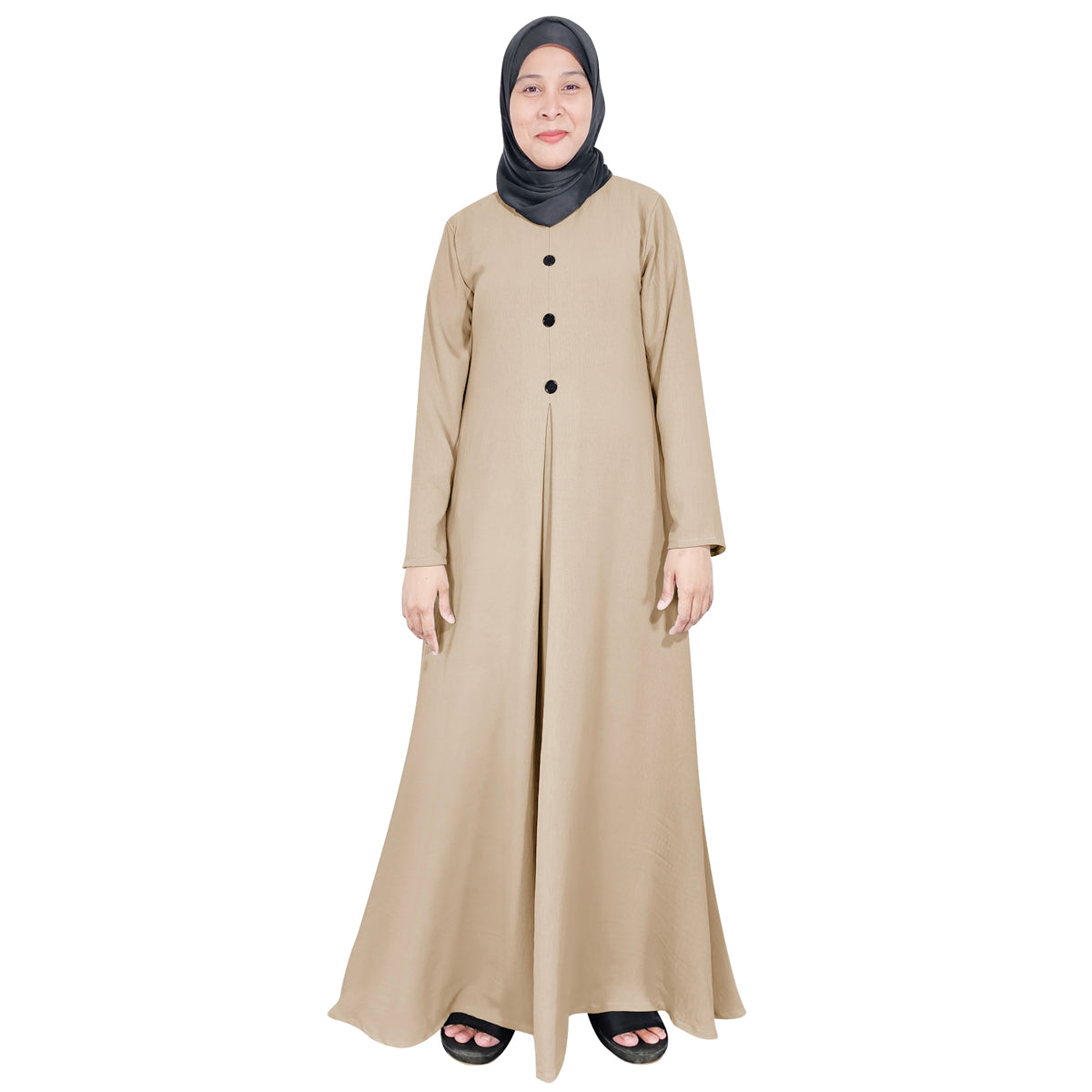 Gamis Abaya Panjang Wanita Muslim Kancing 4 Tangan Panjang dan 1 Lipatan Tengah