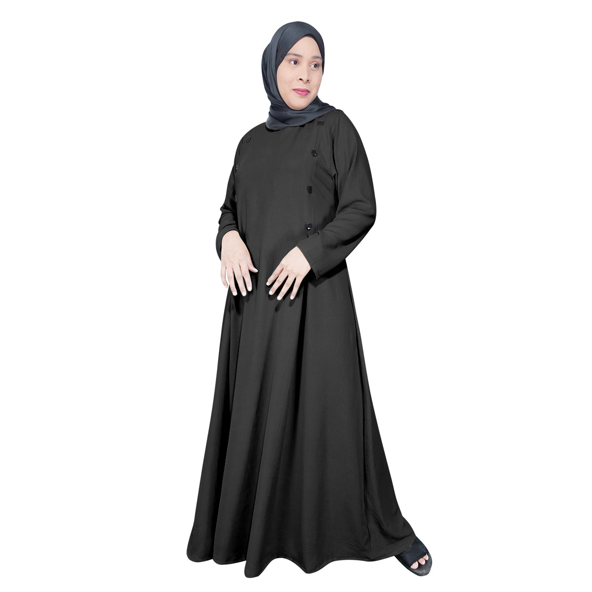 Gamis Abaya Panjang Wanita Muslim Kancing 8 Tangan Panjang dan Lipatan Pinggir