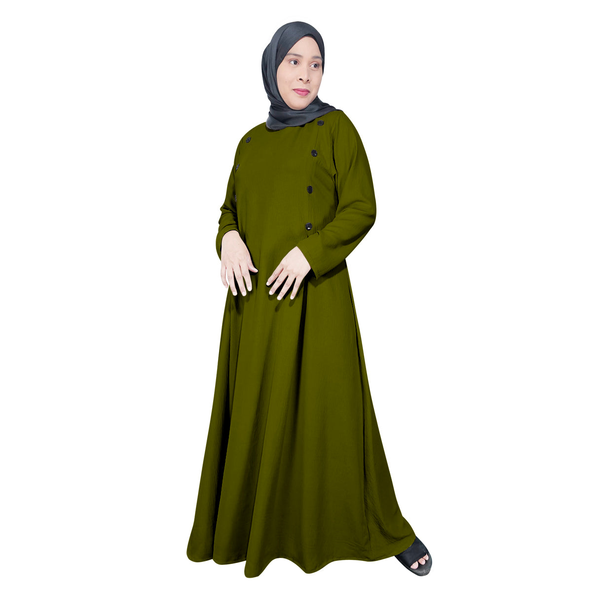 Gamis Abaya Panjang Wanita Muslim Kancing 8 Tangan Panjang dan Lipatan Pinggir