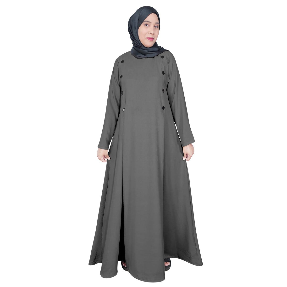 Gamis Abaya Panjang Wanita Muslim Kancing 8 Tangan Panjang dan Lipatan Pinggir