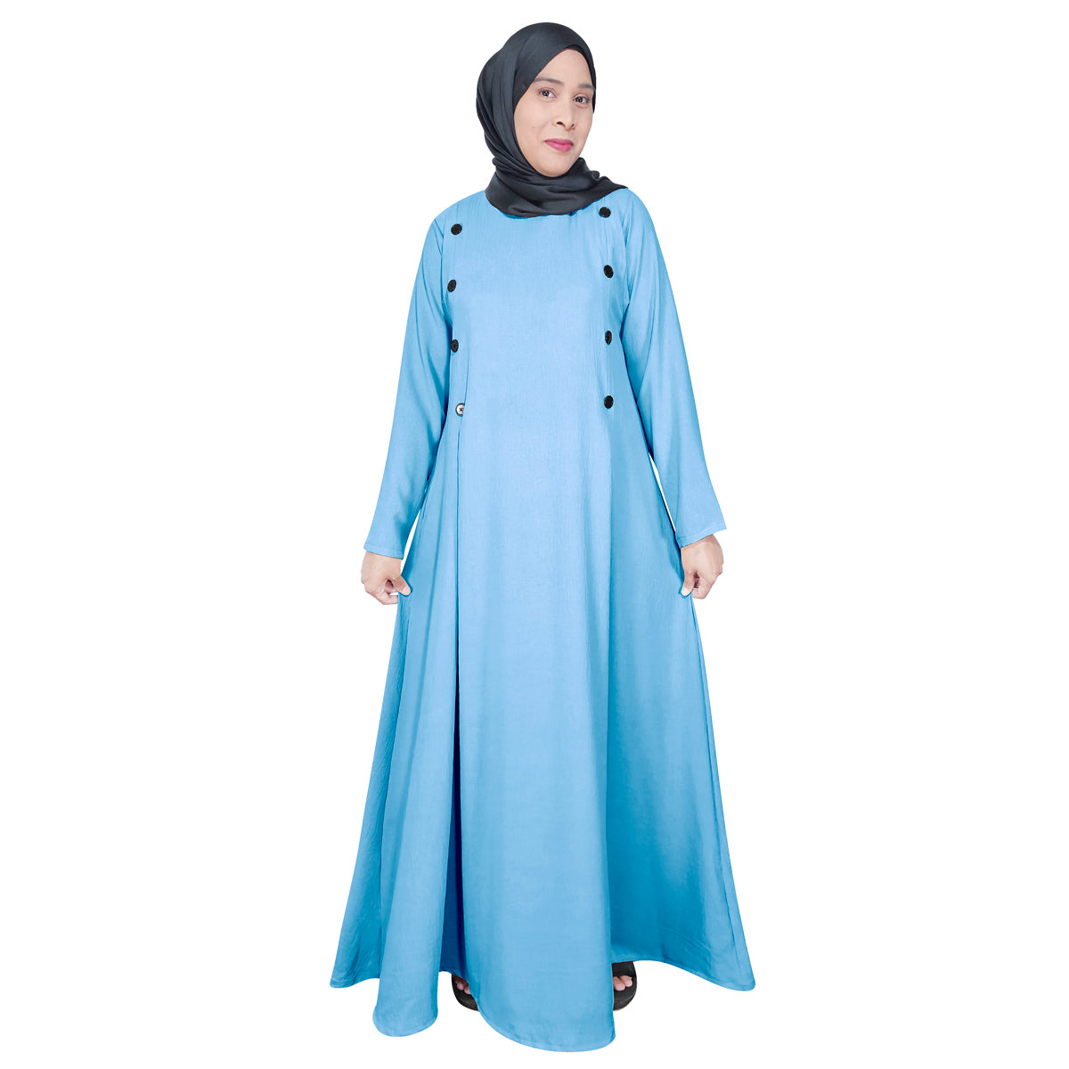 Gamis Abaya Panjang Wanita Muslim Kancing 8 Tangan Panjang dan Lipatan Pinggir