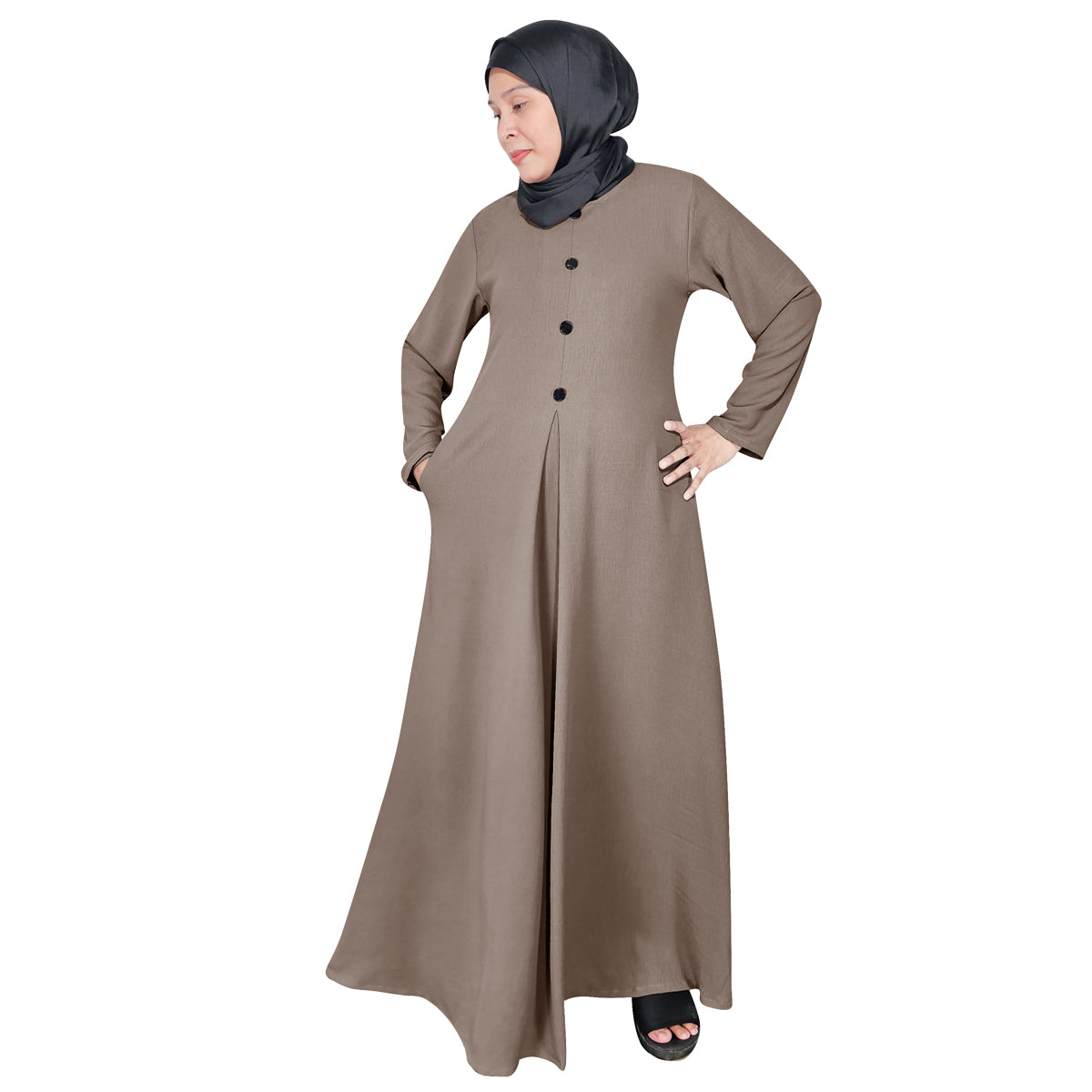 Gamis Abaya Panjang Wanita Muslim Kancing 4 Tangan Panjang dan 1 Lipatan Tengah