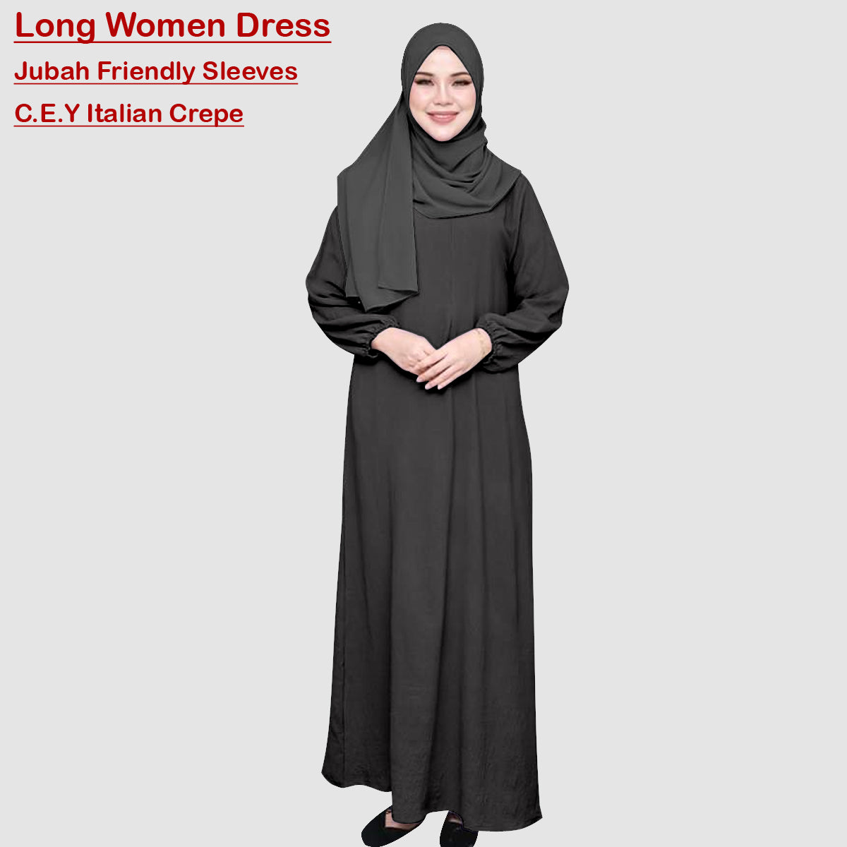 Gamis Abaya Panjang Polos Tangan Kerut Wanita Muslim