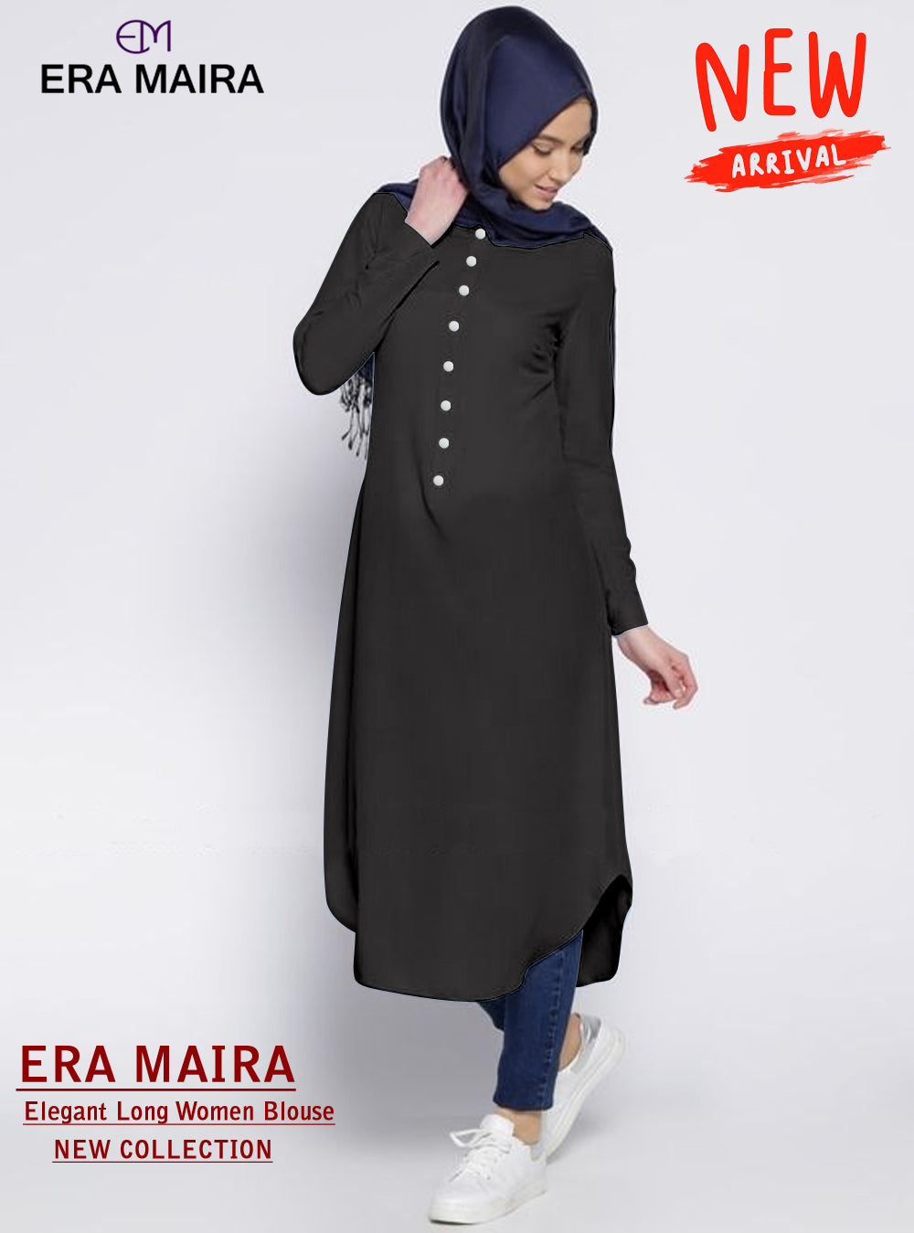 Long Blouse Kancing Setengah, Fashion Wanita