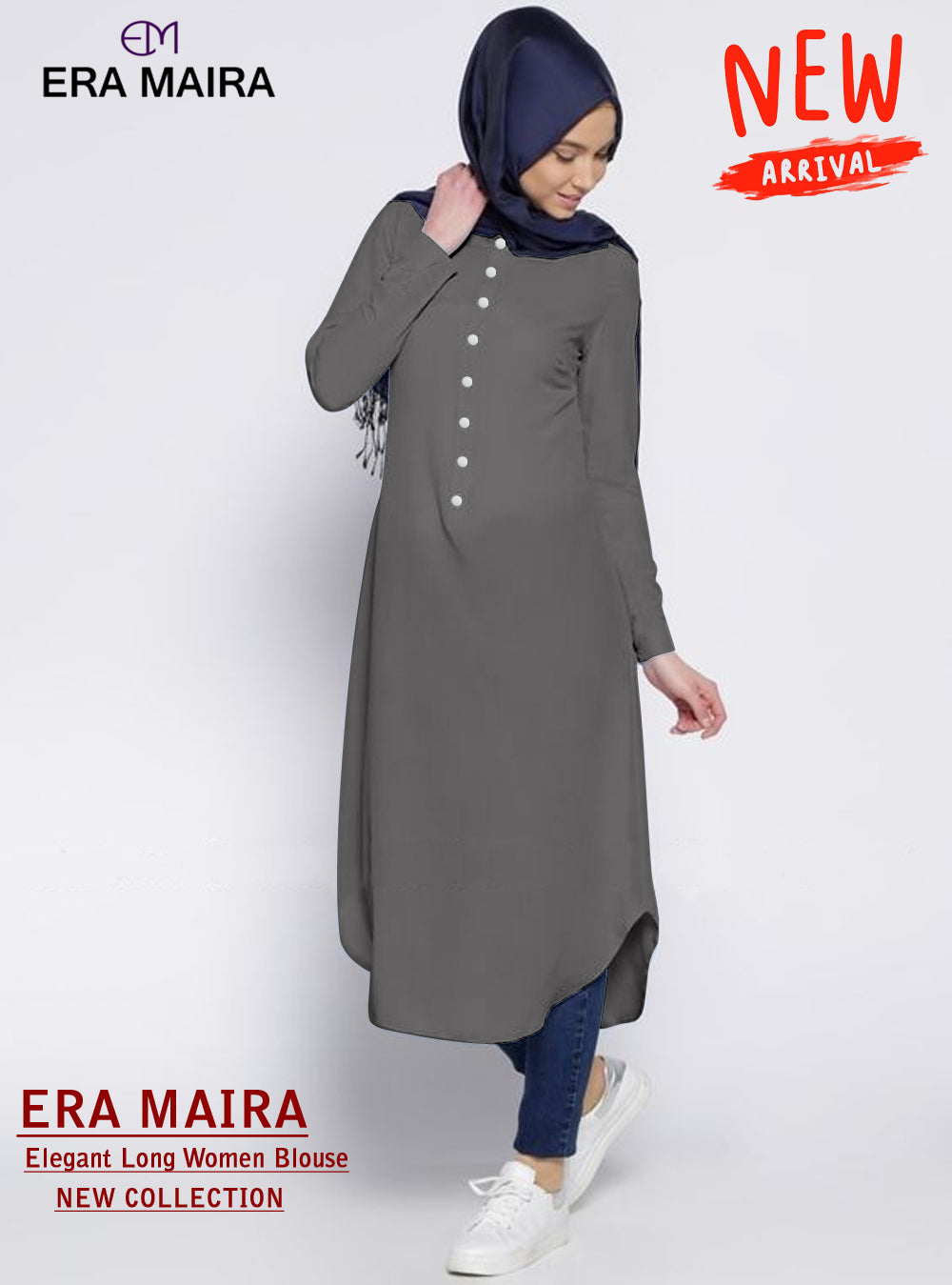 Long Blouse Kancing Setengah, Fashion Wanita