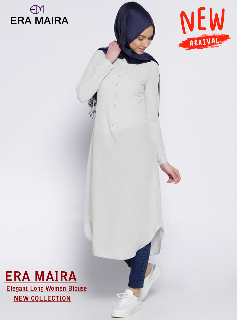 Long Blouse Kancing Setengah, Fashion Wanita