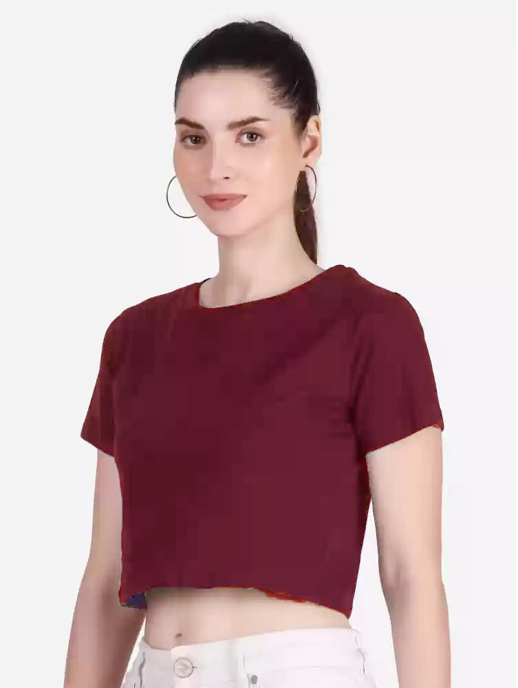T-Shirt Crop Top Wanita Tangan Pendel Motif Polos Cotton