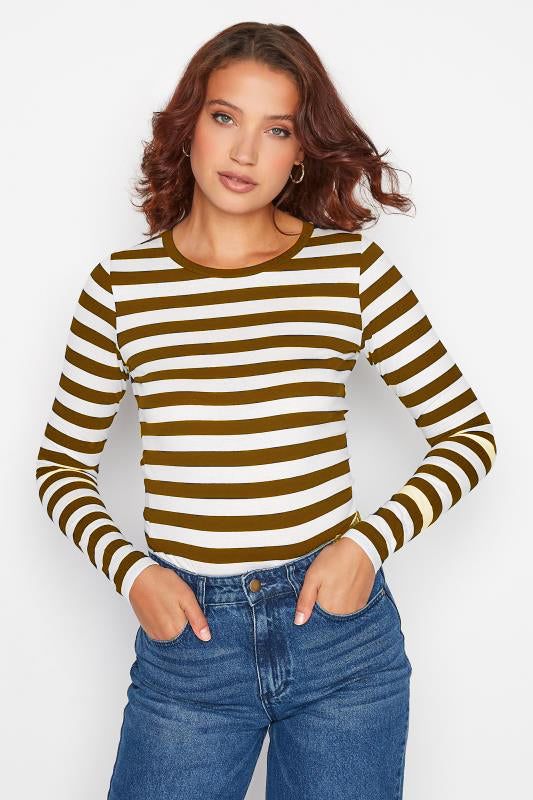 T-Shirt Wanita Tangan Panjang Body Fit Model Garis-Garis Cotton