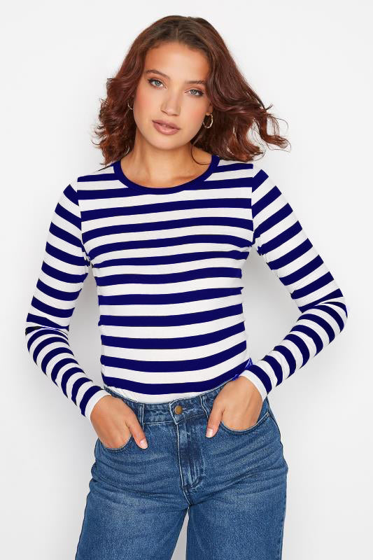 T-Shirt Wanita Tangan Panjang Body Fit Model Garis-Garis Cotton