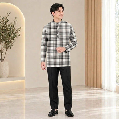 PREMIUM MODERN TARTAN PLAID PRINTED BAND COLLAR MUSLIM KURTA