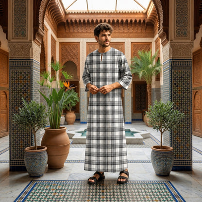 PREMIUM MODERN TARTAN PLAID PRINTED ROUND NECK MUSLIM JUBAH