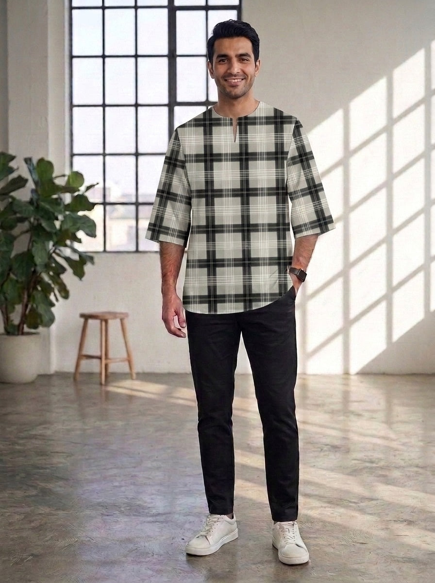 PREMIUM MODERN CLASSIC PLAID PRINTED ROUND NECK MUSLIM KURTA