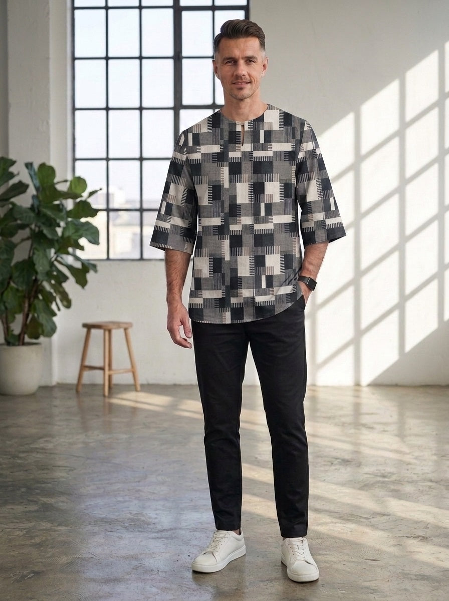 PREMIUM MODERN GEOMETRIC PRINTED ROUND NECK MUSLIM KURTA