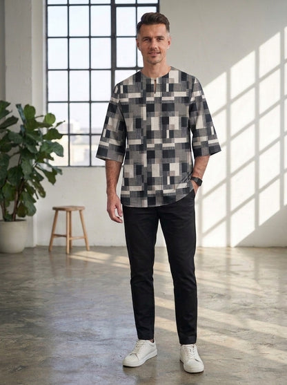 PREMIUM MODERN GEOMETRIC PRINTED ROUND NECK MUSLIM KURTA