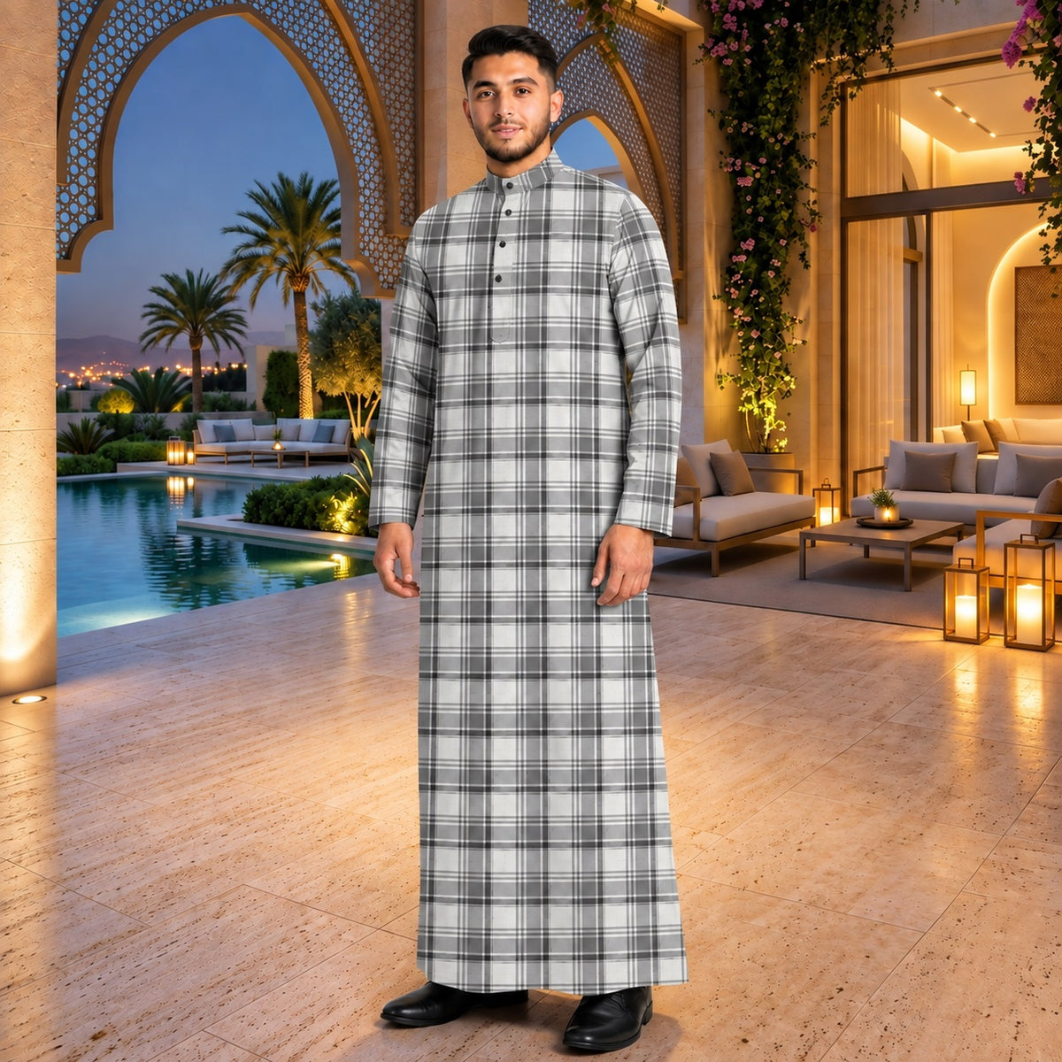 PREMIUM MODERN TARTAN PLAID PRINTED BAND COLLAR MUSLIM JUBAH