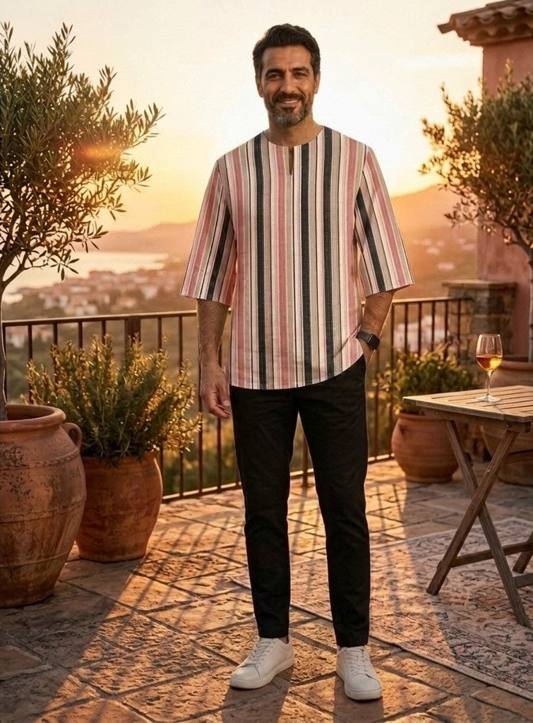 PREMIUM MODERN MULTI-STRIPE PRINTED ROUND NECK MUSLIM KURTA