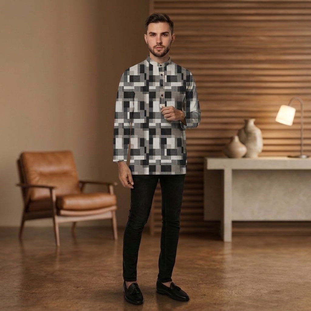 PREMIUM MODERN GEOMETRIC PRINTED BAND COLLAR MUSLIM KURTA