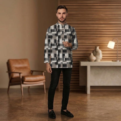 PREMIUM MODERN GEOMETRIC PRINTED BAND COLLAR MUSLIM KURTA