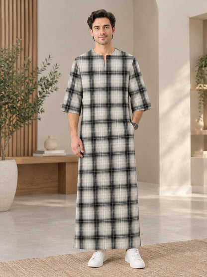 PREMIUM MODERN CLASSIC PLAID PRINTED ROUND NECK MUSLIM JUBAH
