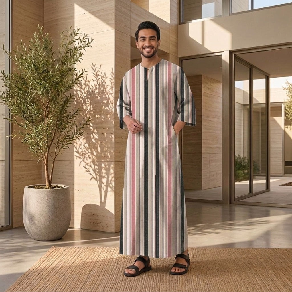 PREMIUM MODERN MULTI-STRIPE PRINTED ROUND NECK MUSLIM JUBAH