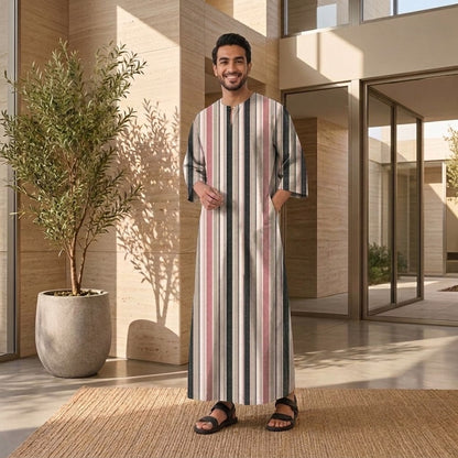 PREMIUM MODERN MULTI-STRIPE PRINTED ROUND NECK MUSLIM JUBAH