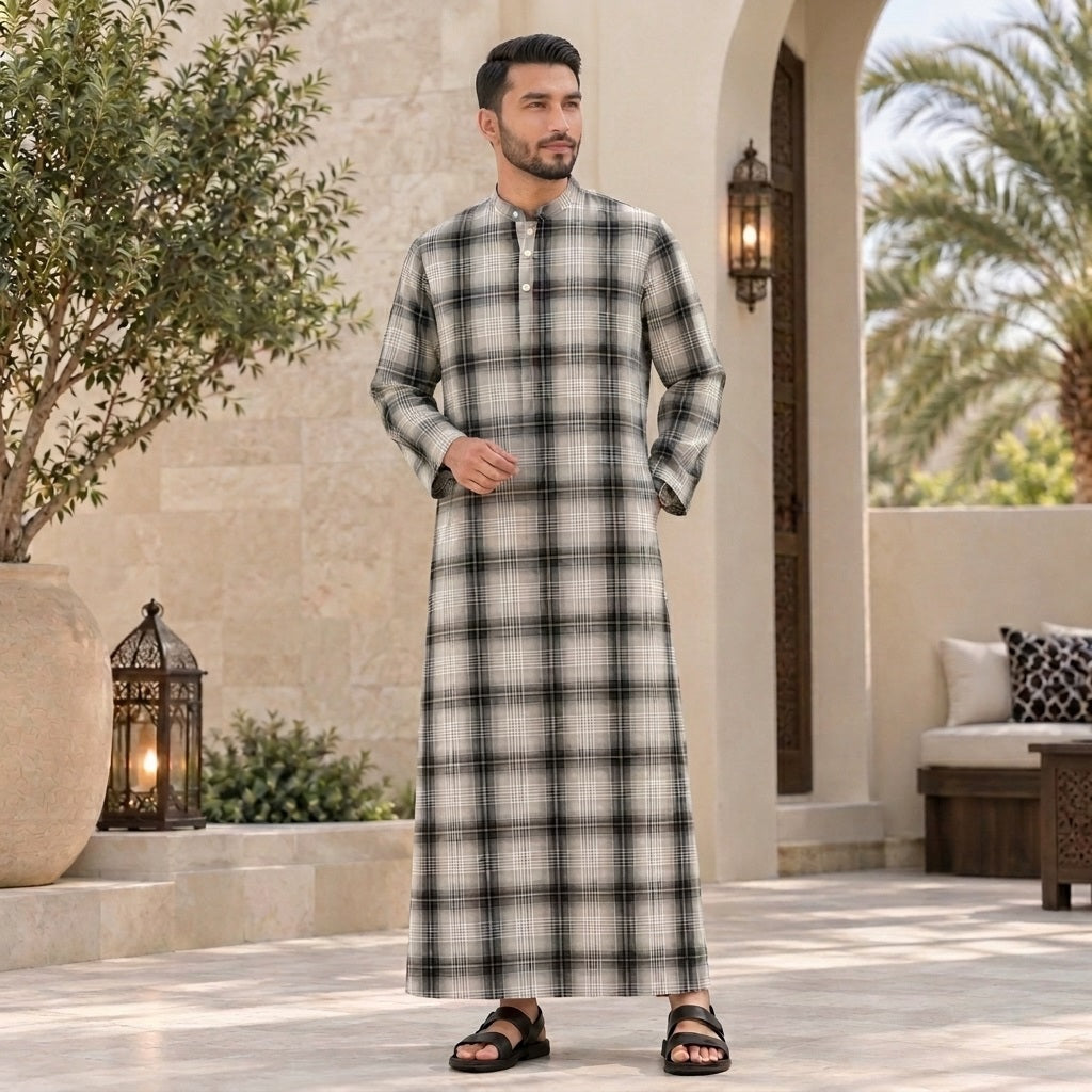 PREMIUM MODERN CLASSIC PLAID PRINTED BAND COLLAR MUSLIM JUBAH