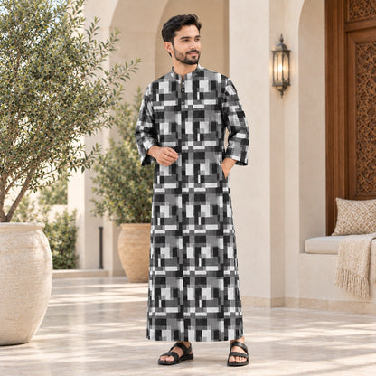 PREMIUM MODERN GEOMETRIC PRINTED BAND COLLAR MUSLIM JUBAH