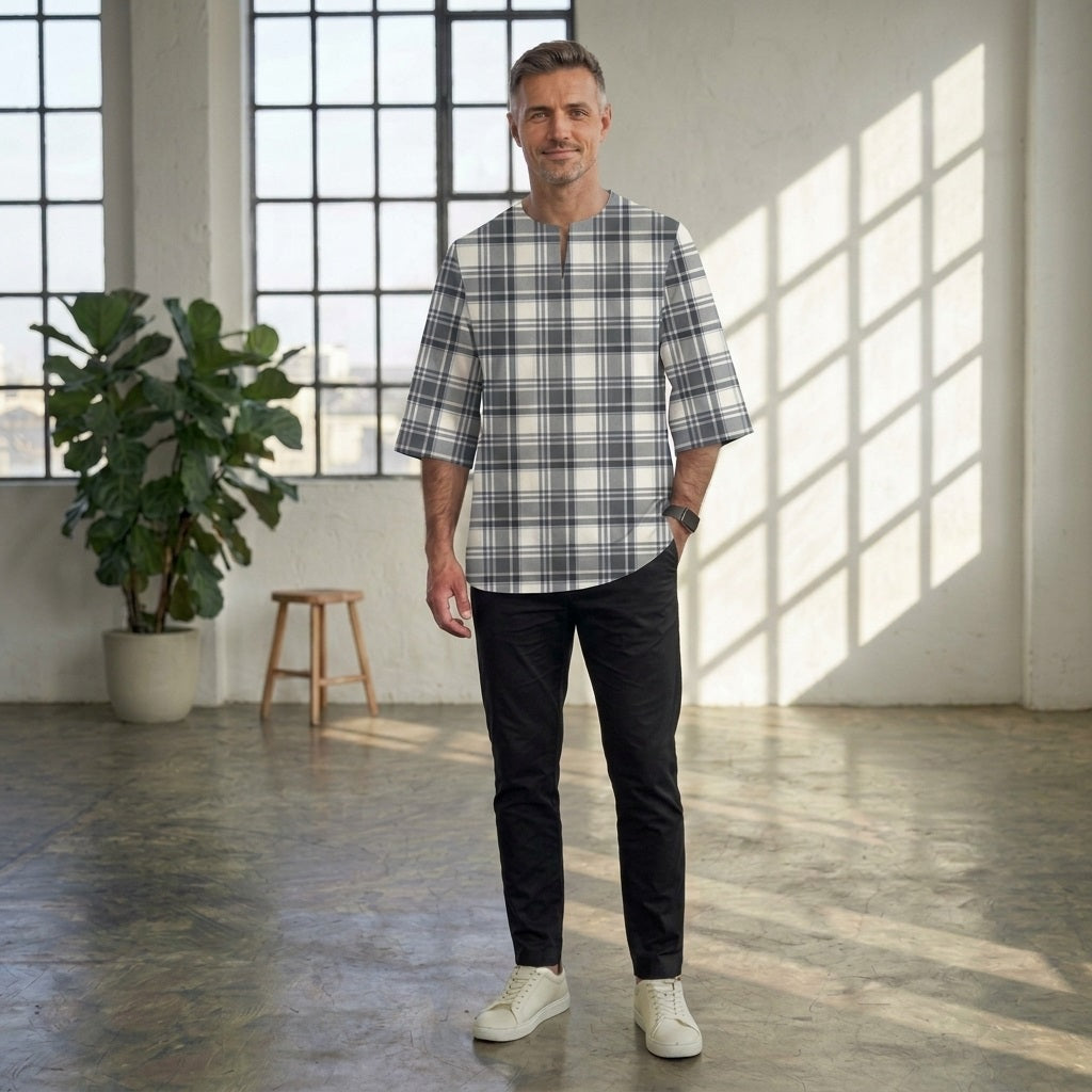 PREMIUM MODERN TARTAN PLAID PRINTED ROUND NECK MUSLIM KURTA
