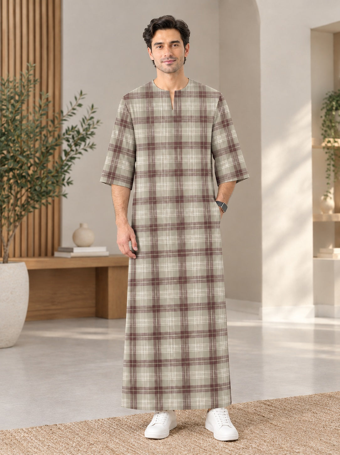 PREMIUM MODERN CLASSIC PLAID PRINTED ROUND NECK MUSLIM JUBAH