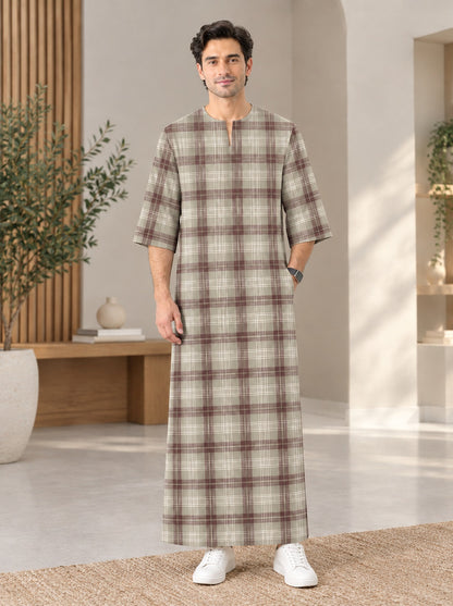 PREMIUM MODERN CLASSIC PLAID PRINTED ROUND NECK MUSLIM JUBAH