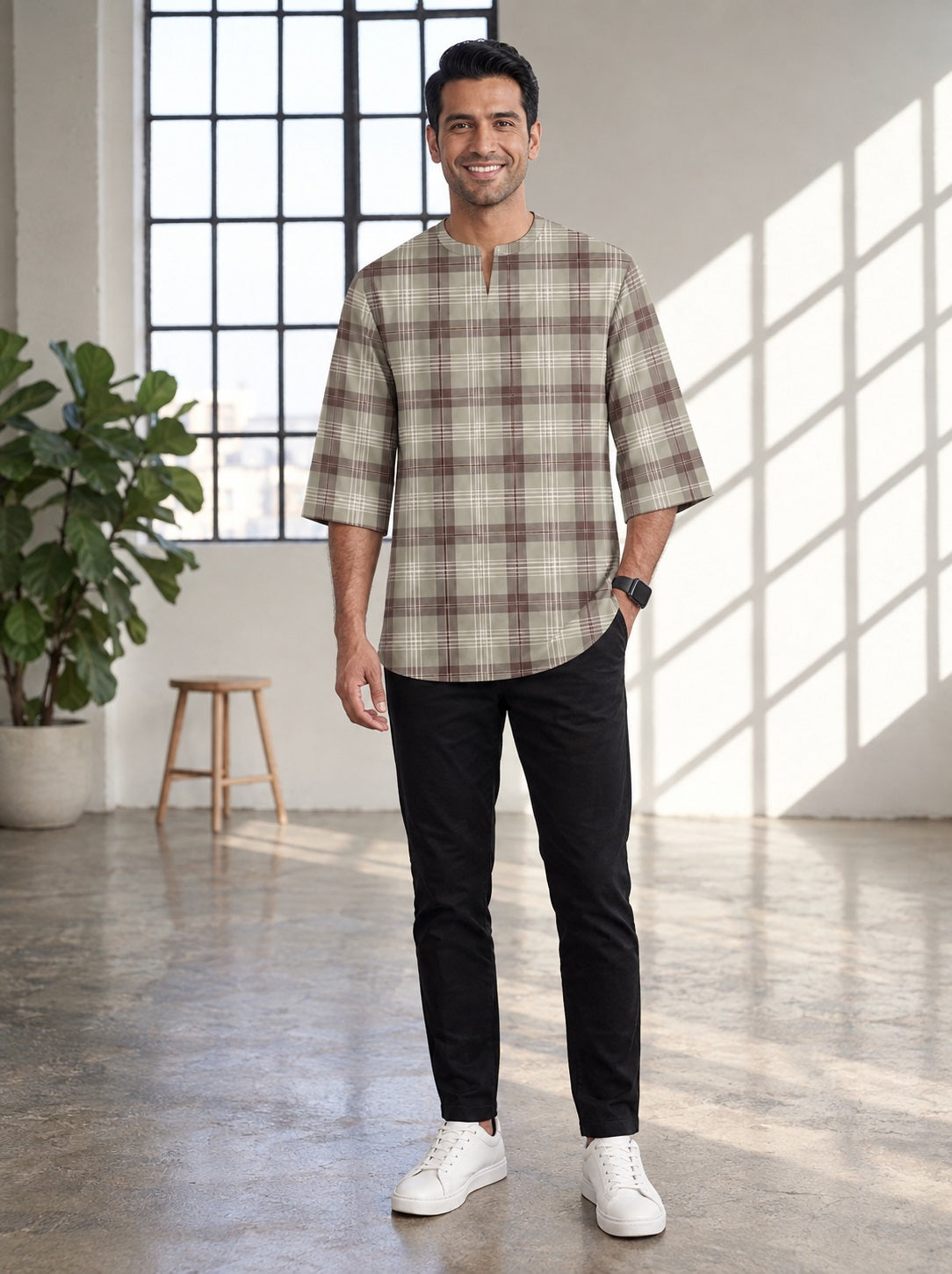 PREMIUM MODERN CLASSIC PLAID PRINTED ROUND NECK MUSLIM KURTA