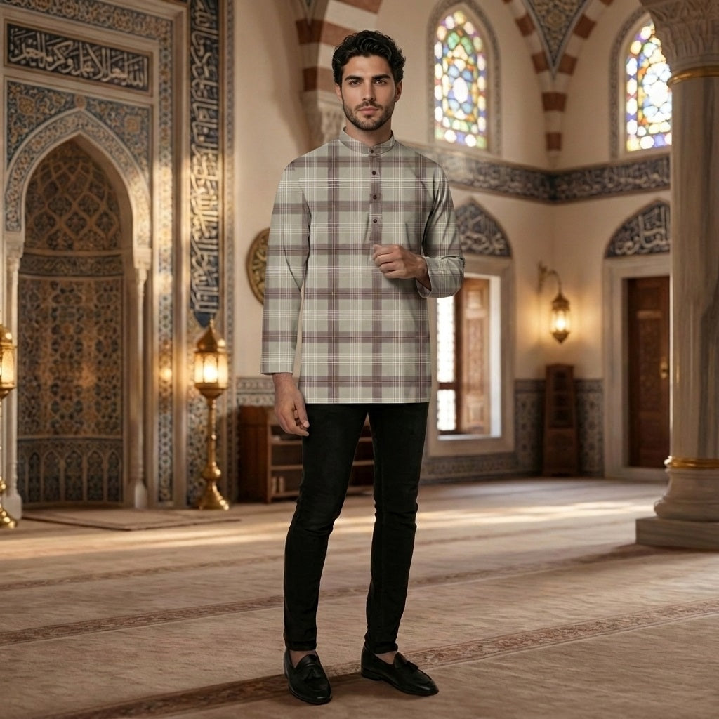PREMIUM MODERN CLASSIC PLAID PRINTED BAND COLLAR MUSLIM KURTA
