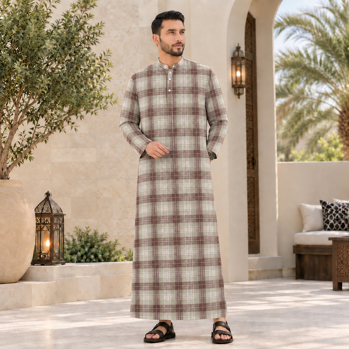 PREMIUM MODERN CLASSIC PLAID PRINTED BAND COLLAR MUSLIM JUBAH