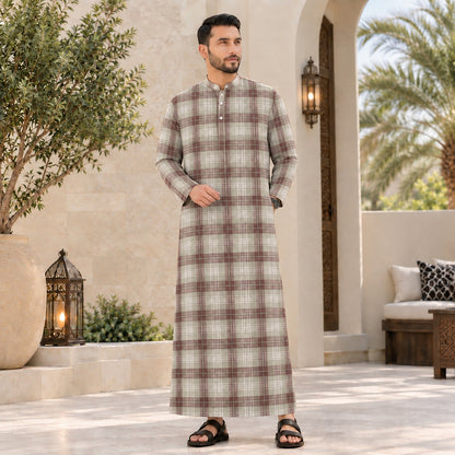 PREMIUM MODERN CLASSIC PLAID PRINTED BAND COLLAR MUSLIM JUBAH