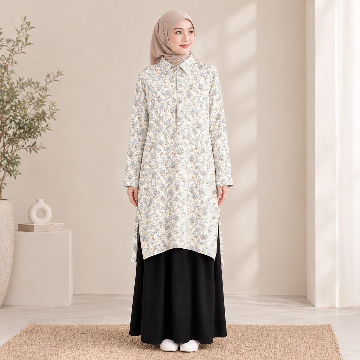 PREMIUM DELICATE FLORAL PRINTED CLASSIC POINT COLLAR LONG BLOUSE