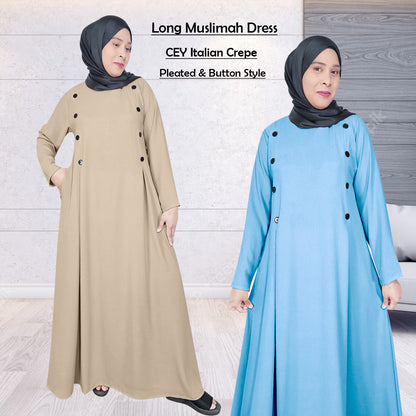 Gamis Abaya Panjang Wanita Muslim Kancing 8 Tangan Panjang dan Lipatan Pinggir