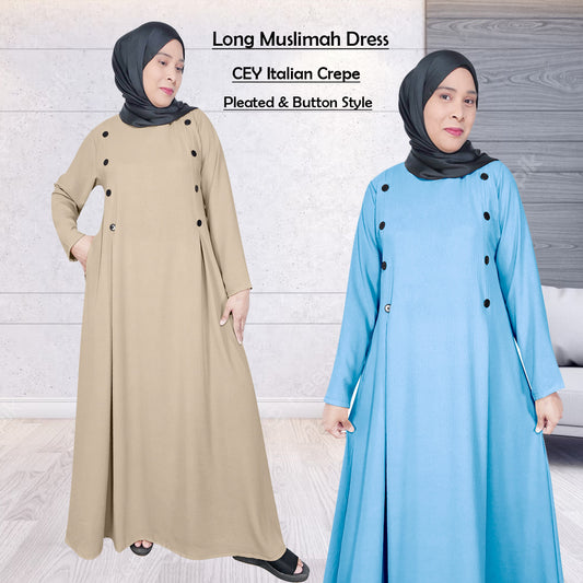 Gamis Abaya Panjang Wanita Muslim Kancing 8 Tangan Panjang dan Lipatan Pinggir
