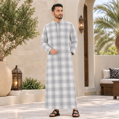 PREMIUM MODERN CLASSIC PLAID PRINTED BAND COLLAR MUSLIM JUBAH