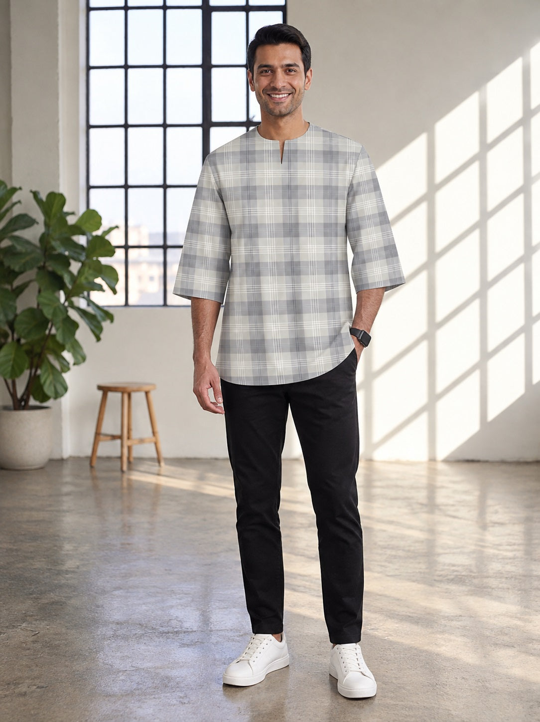 PREMIUM MODERN CLASSIC PLAID PRINTED ROUND NECK MUSLIM KURTA