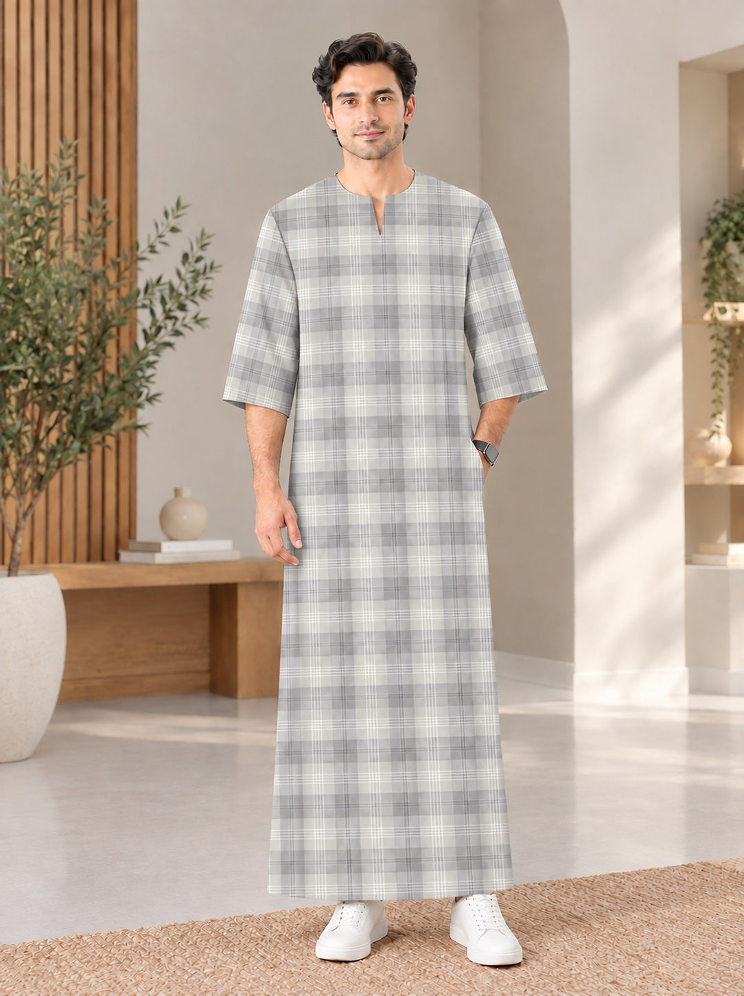 PREMIUM MODERN CLASSIC PLAID PRINTED ROUND NECK MUSLIM JUBAH