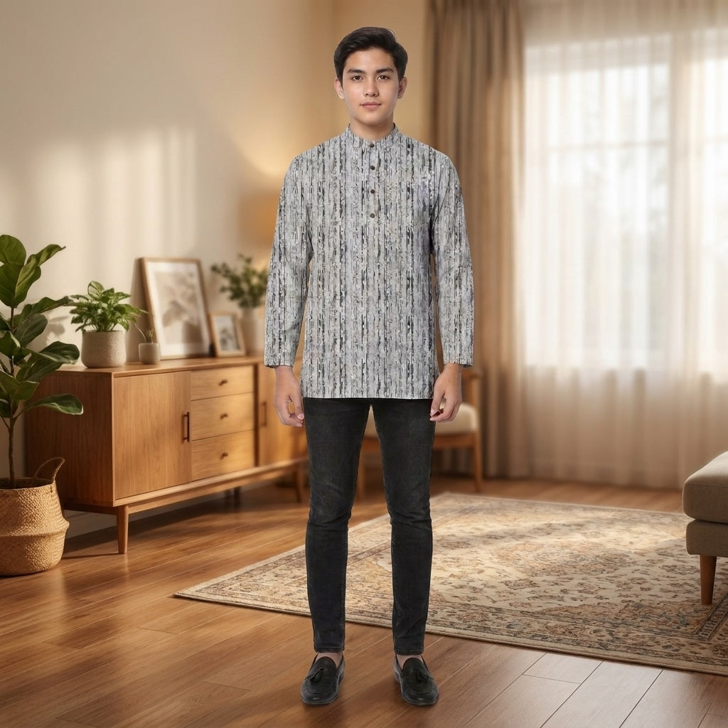 PREMIUM MINIMALIST ABSTRACT VERTICAL PRINTED BAND COLLAR MUSLIM KURTA