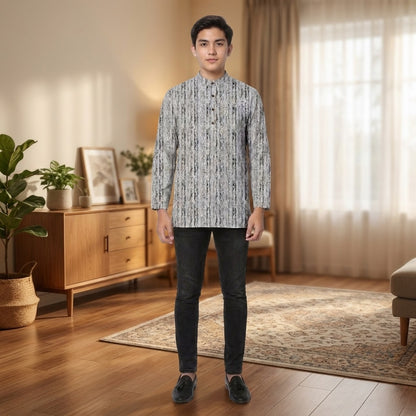 PREMIUM MINIMALIST ABSTRACT VERTICAL PRINTED BAND COLLAR MUSLIM KURTA