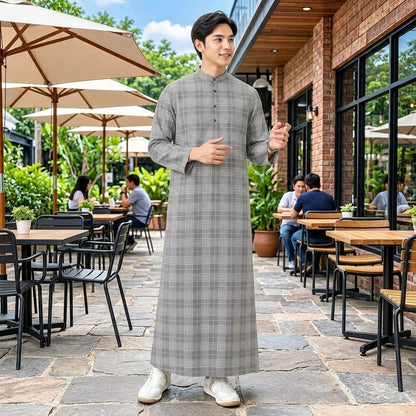 PREMIUM GRID PRINTED MUSLIM JUBAH BAND COLLAR