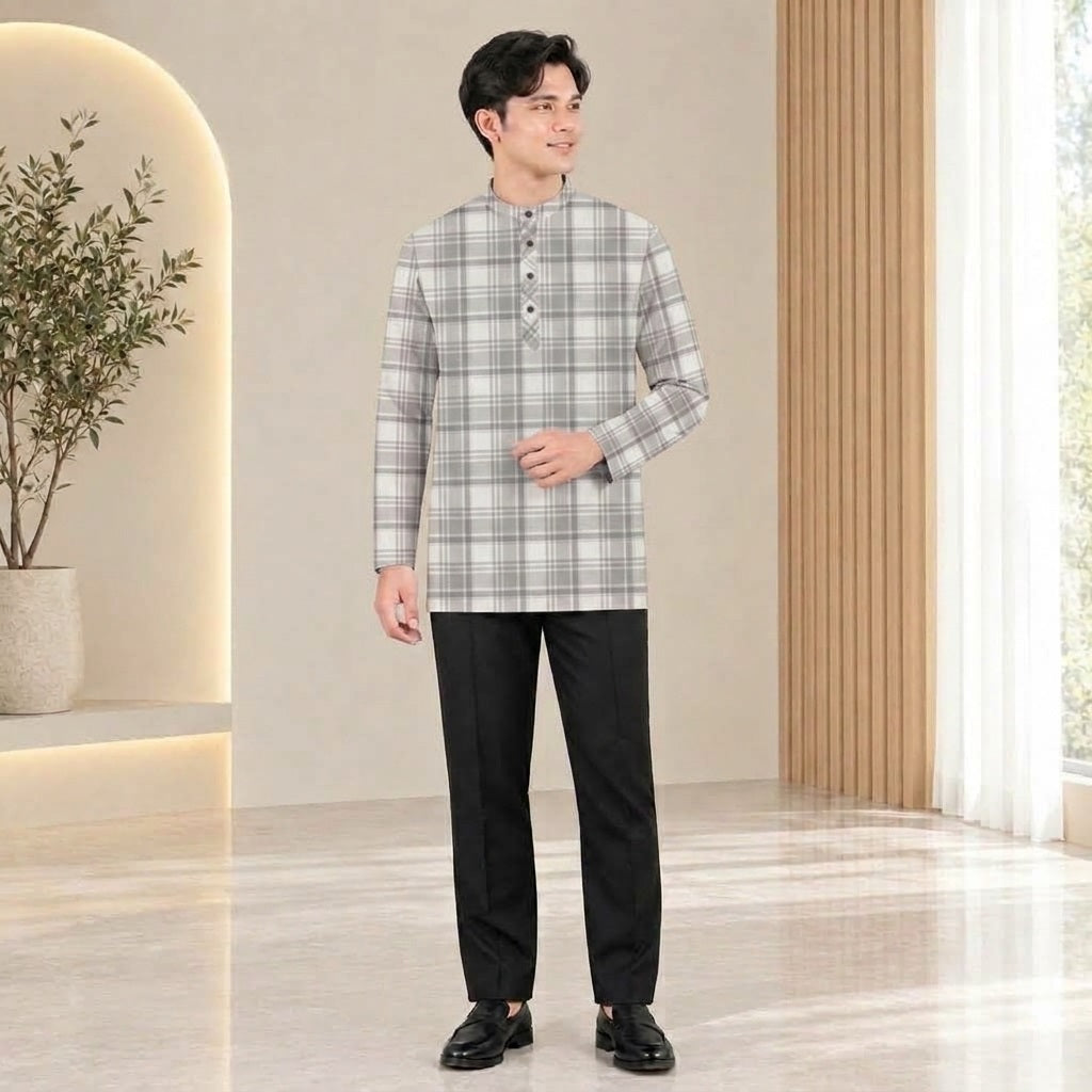 PREMIUM MODERN TARTAN PLAID PRINTED BAND COLLAR MUSLIM KURTA