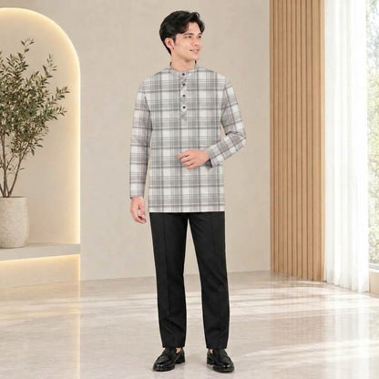 PREMIUM MODERN TARTAN PLAID PRINTED BAND COLLAR MUSLIM KURTA