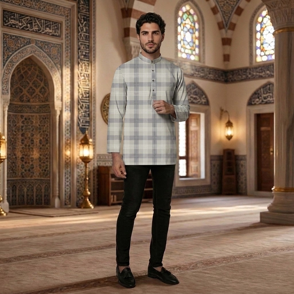 PREMIUM MODERN CLASSIC PLAID PRINTED BAND COLLAR MUSLIM KURTA