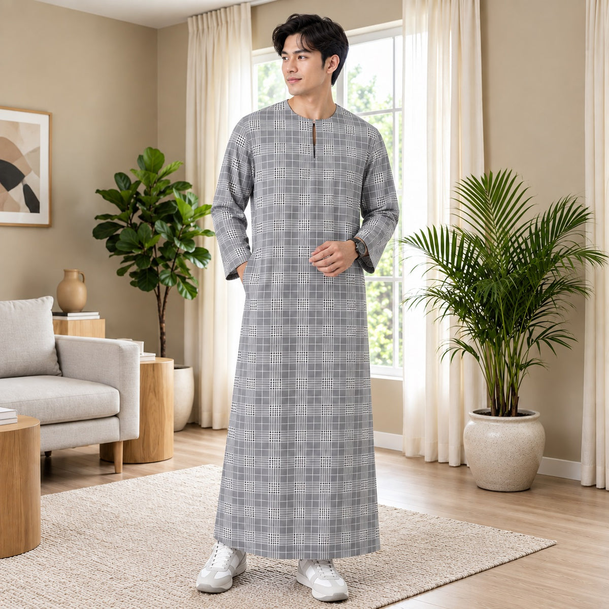 PREMIUM GRID PRINTED ROUND NECK MUSKIM JUBAH
