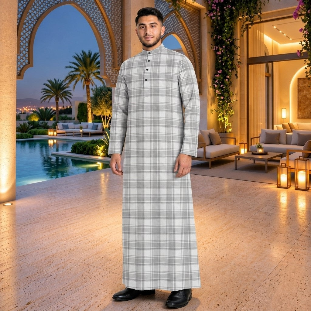 PREMIUM MODERN TARTAN PLAID PRINTED BAND COLLAR MUSLIM JUBAH
